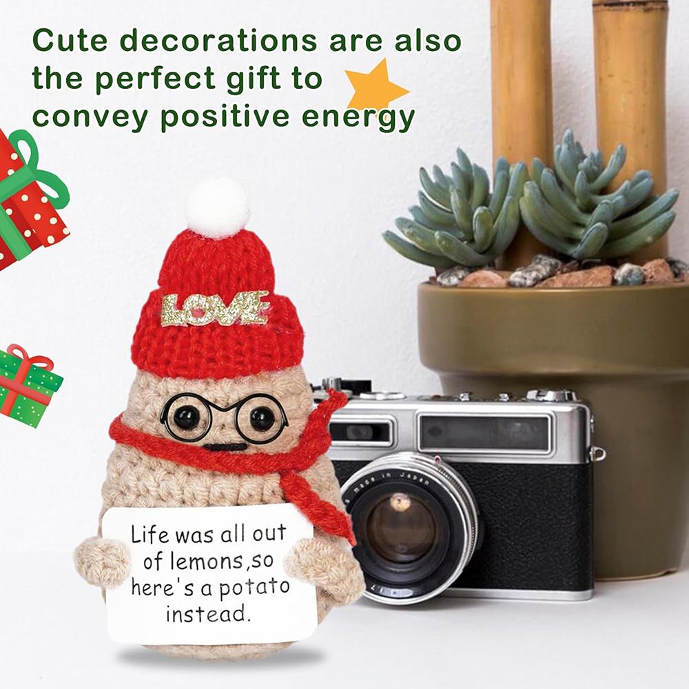 Crochet Positive Potato Mini Pocket Hug Dolls Handmade Plush Knitted Xmas Potatoes Doll With Glasses Christmas Desktop Decor