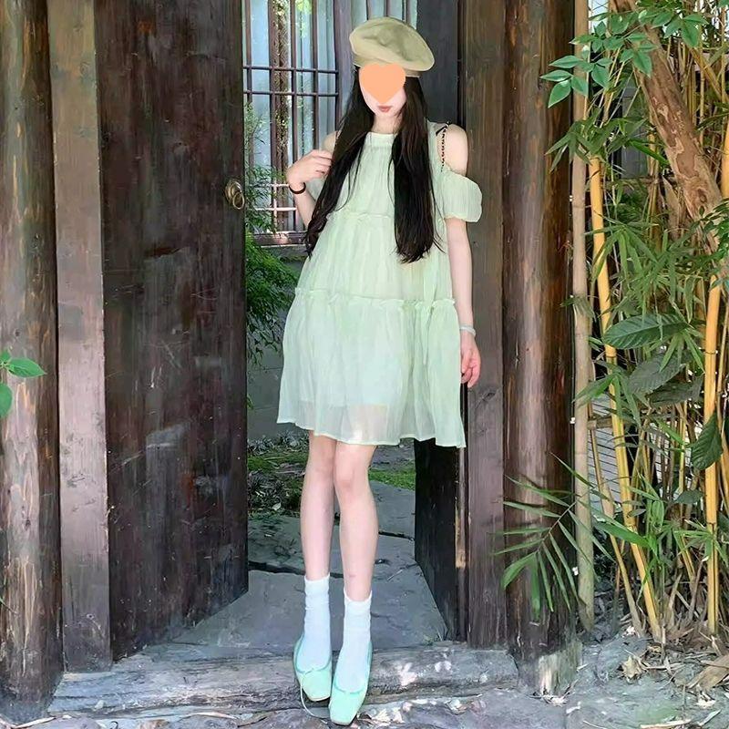 2026 Green Off-the-Shoulder Halter Dress - Summer French Fairy Short Skirt