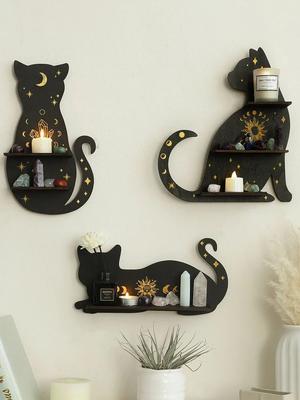 Wooden Shelf 1/2-Tier Moon Phase Black Cat Wall Shelves Crystal Display Stand Essential Oil Rack Ledge Gothic Home Decor Gifts