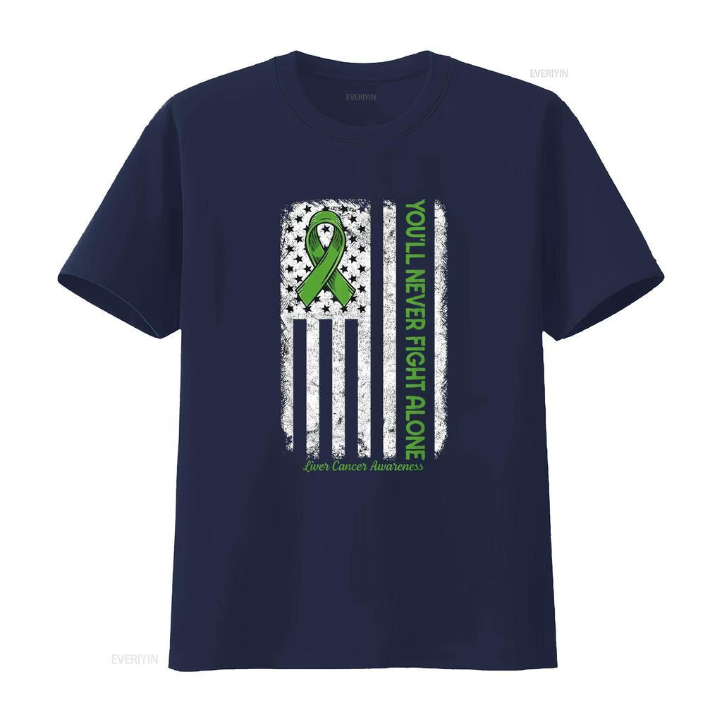 You Ll Never Fight Alone Flag Green Liver Cancer Awareness T Shirt Vintage Washed Versatile Breathable Stretched Casual Stylish
