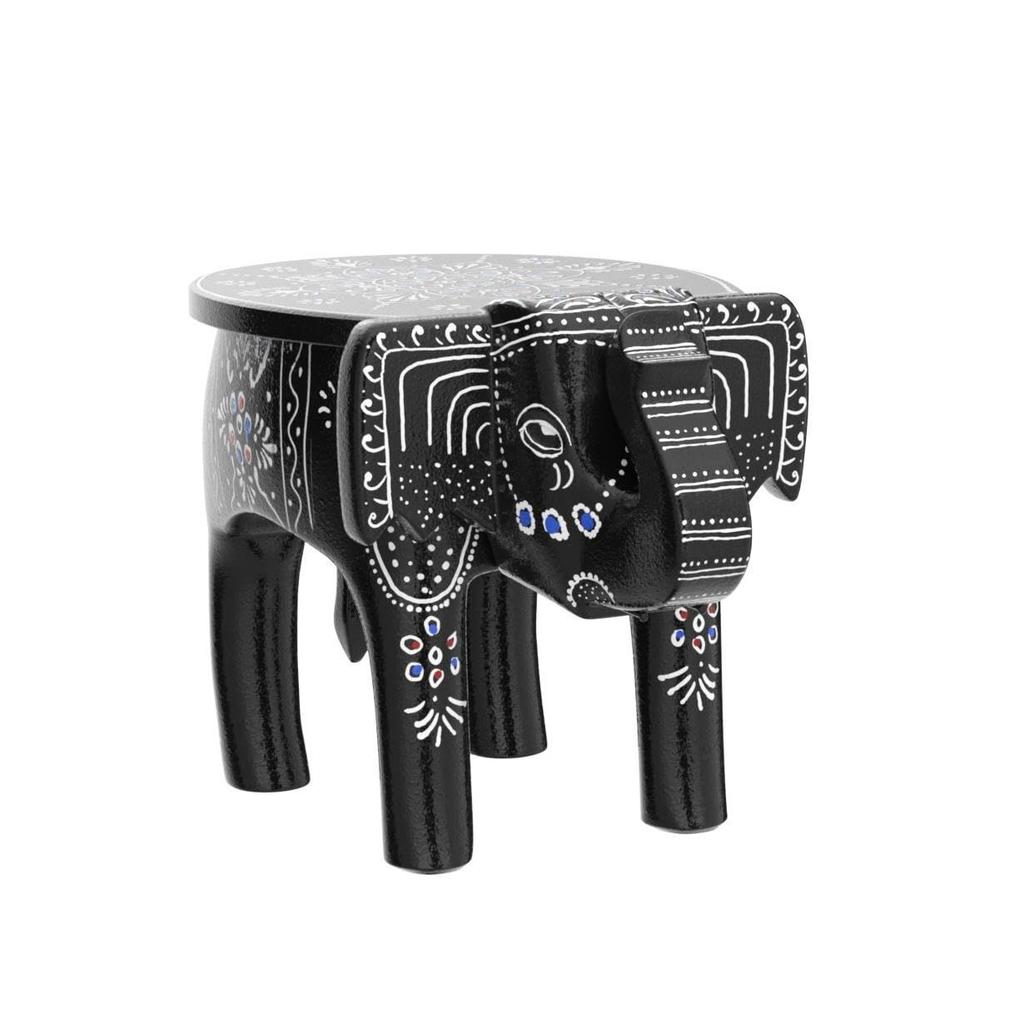Handcrafted and Emboss Painted Colorful Wooden Elephant Shape Stool Table (8 Inches Height, Black)