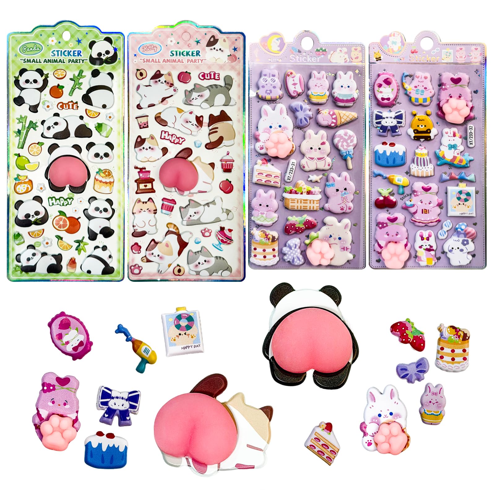 

kkek Large Glowing Butt and Animal Stickers Set of 4 3D Glow-in-the-Dark Paw Cat Panda Rabbit Kids Stationery Decoration Gift