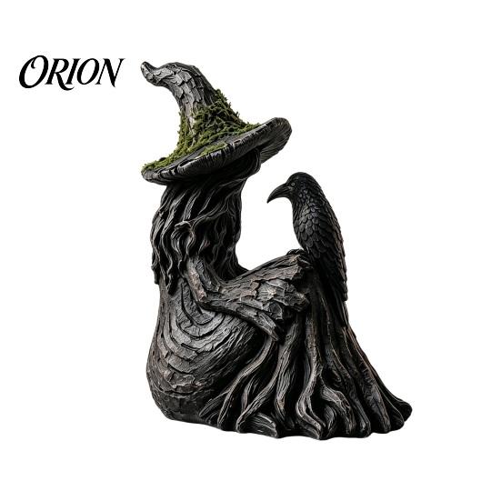 Unique Resin Craft Gifts Luminous Witch & Raven Figurine with Mossy Tree Texture, Gothic Durable Weather Resistant Ornament Statue LED Light