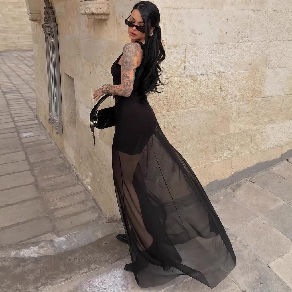 Summer new European and American dresses are fashionable, elegant and slim, sexy mesh splicing dresses