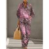 European and American Vintage Heavy Industry Floral Print Two-piece Set: Stand-collar Polo Shirt + Wide-leg Pants Loose Casual Vacation Set