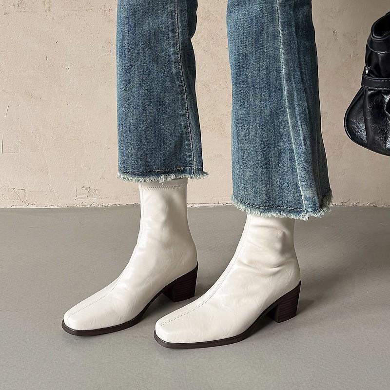 5.5cm Chunky Heel Ankle Boots Women Square Toe Back Zip Stretch Slim Fit Fall Winter