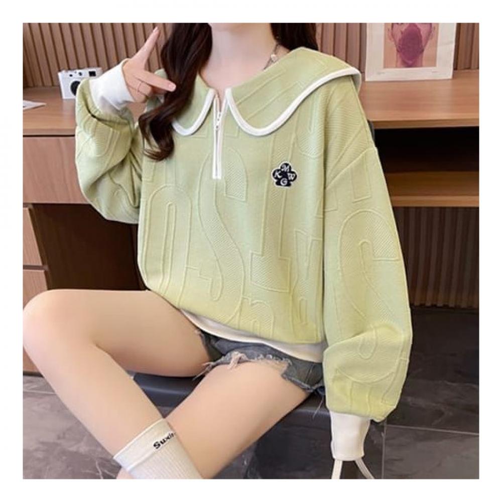 Navava Women Lettering Embossed Sailor Collar Long Sleeve Sweatshirt Nt1986