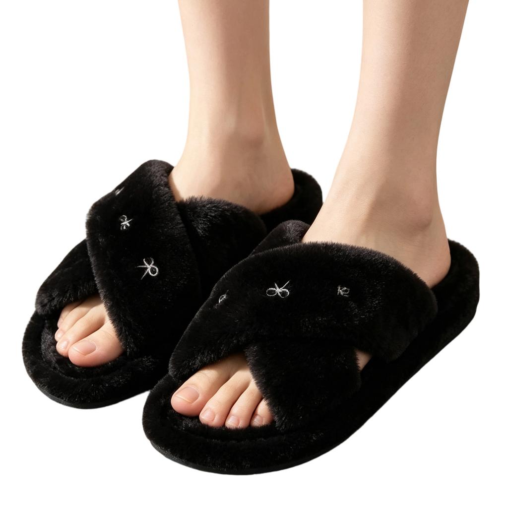 Women's Plush Slippers with Cross Flowers and Embroidery for Indoor Use