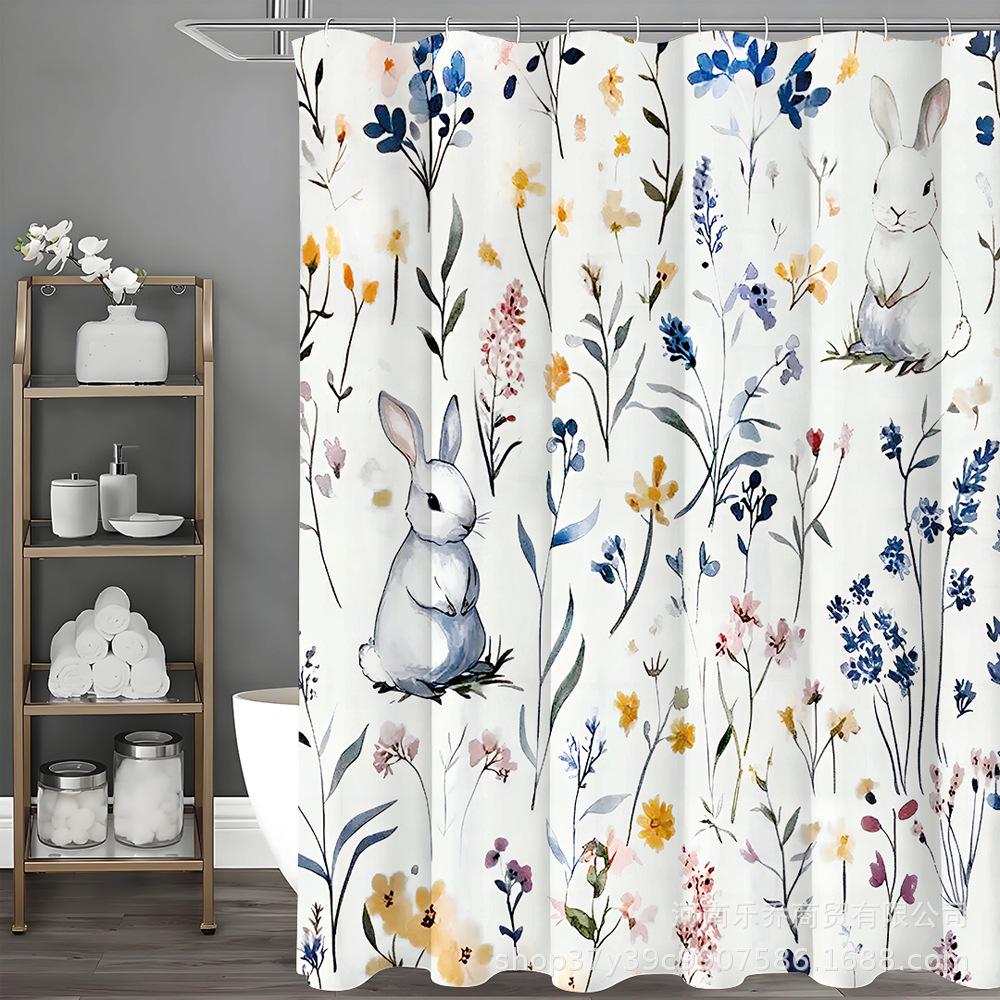 4-Piece HD Digital Print Little Rabbit & Flower Shower Curtain Set - No Drilling Required.