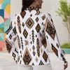 Women Plus Size Collared Long Sleeve Printed Red Floral Button Front Shirt Curved Hem