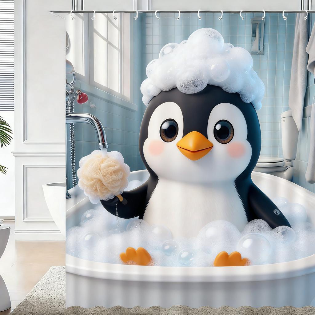 Cute 3D Cartoon Penguin Bathing with Bubbles Waterproof Shower Curtain - Fun Bathroom Decor