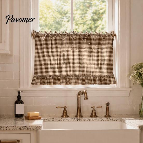 Oven Side Window Drapes Buffalo Plaid Curtain Skirt, Door with Ribbon Bows, Rustic Small Space Decor Half for Farmhouse Kitchen Sink, Cabinet,