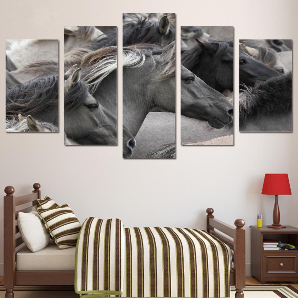 Stampa HD Tela Pittura 5 Pezzi Animale Cavallo Bastone Sul Muro Per Soggiorno Decorazione Della Casa Quadro Modulare Immagine