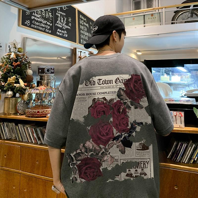 

Мужская футболка в стиле ретро с принтом роз большого размера – новый модный летний стиль XL