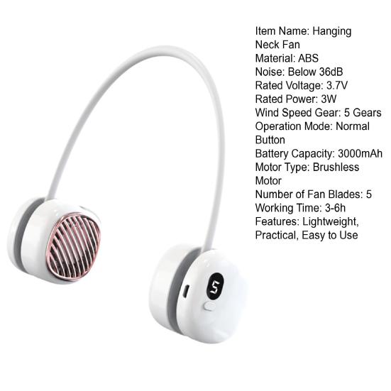 Leafless Hanging Neck Fan Digital Display 5 Speeds 360-Degree Strong Airflow Rechargeable Portable Lazy Neckband Fan