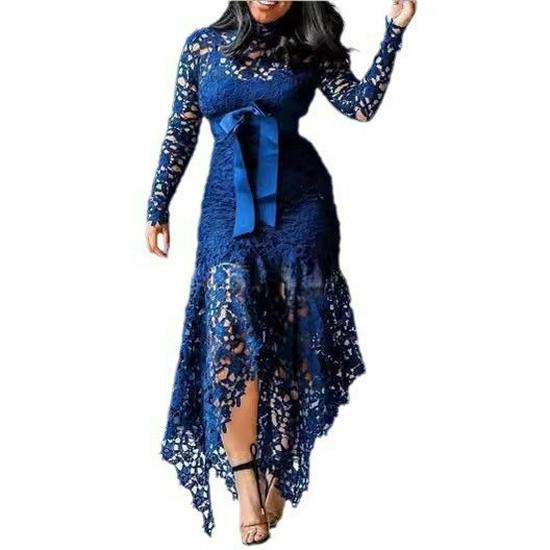 European & American Lace Hollow Long Sleeve Stand Collar Dress - 5 Colors, Irregular Hem