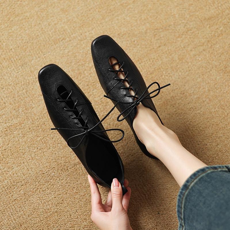 Fashion NEW Spring/Autumn Women Loafers Square Toe Low Heel Shoes Genuine Leather Shoes for Women Lace-up Women Pumps Handmade Shoes