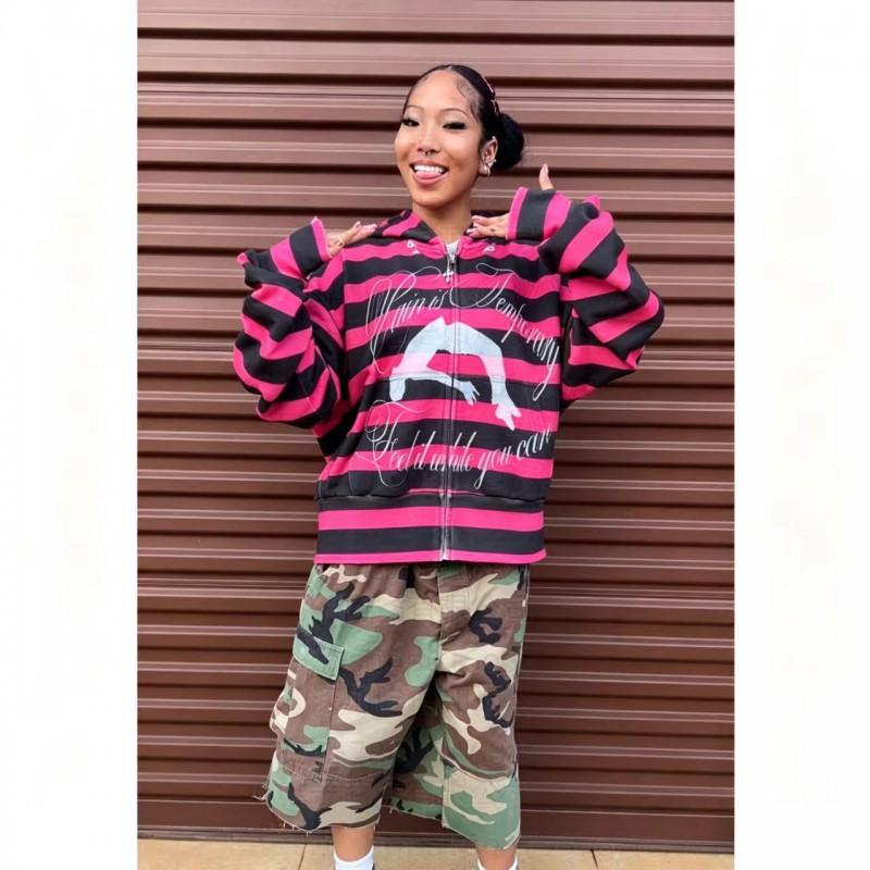 Oversized Y2K Hooded Zip-Up Sweatshirt With 3D Print Loose Fit Streetwear Teens Adults