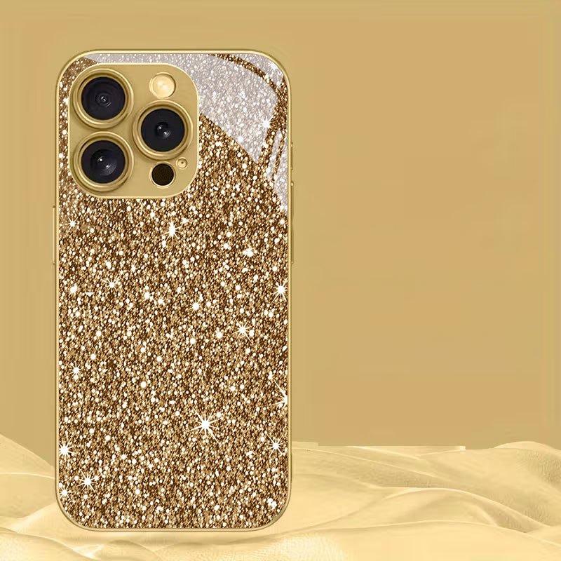 Funkelndes Sternenmuster Gold Metallic Lack Glas Handyhülle für iPhone 17 16 15 14 13 12 11 Pro Max 15 Plus 17Air 16E Cover