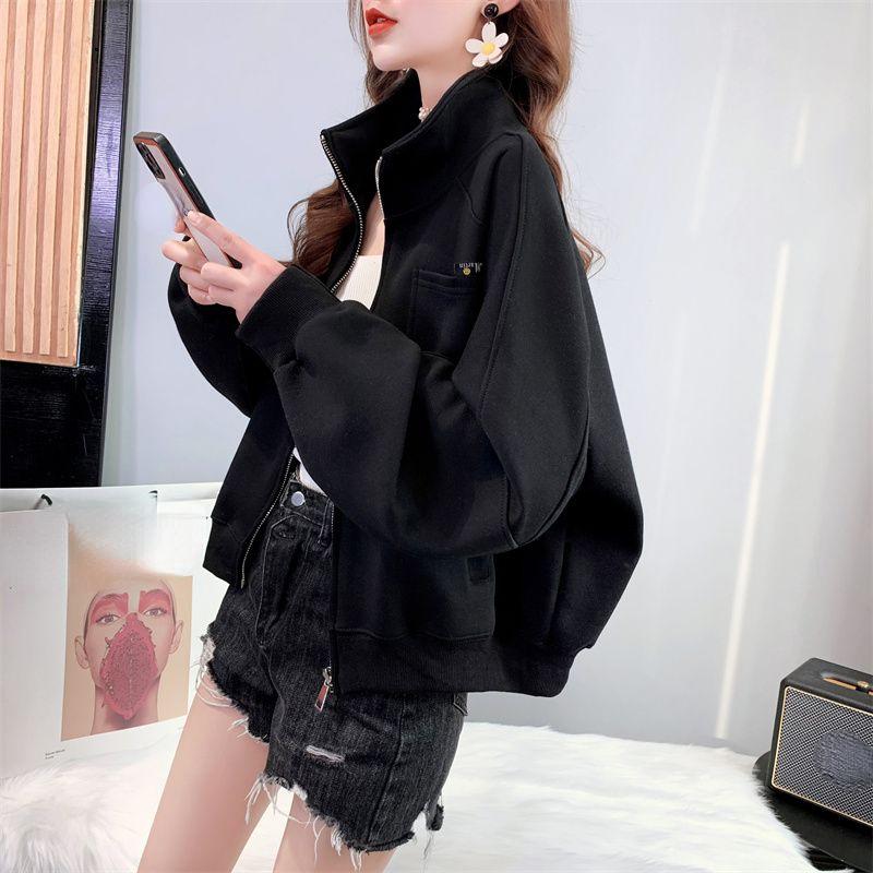 Solid Color Stand Collar Sweatshirt with Stylish Design, Women's Fashionable Outerwear for Autumn and Winter