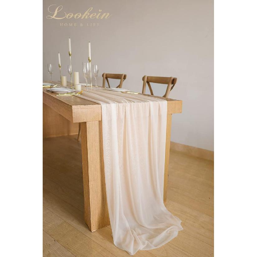 Lookein 10 Feet Champagne Chiffon Table Runner Sheer Wedding Table Cloth 29x120 Inches Rustic Wedding Decorations French Chiffon Table Runner