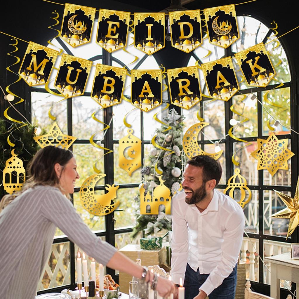 Eid Mubarak Banner Eid Muburak Dekorationen Stern Mond Laterne Hängende Wirbel Ramadan Partyzubehör für Heimdekorationen