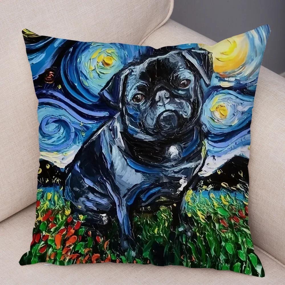 Colorful Oil Painting Pet Animal Pillowcase Starry Sky Art Cartoon Dog Cushion Cover Decorative Sofa
