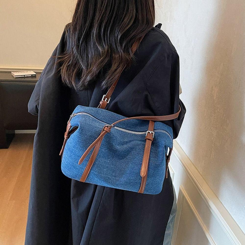 Solid Color Denim Tote Bag Korean Style Underarm Packs Cute Large Capacity Handbag  Women