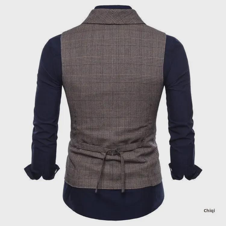 Spring & Autumn Men's Double-Breasted Plaid Suit Vest - Korean Slim Fit