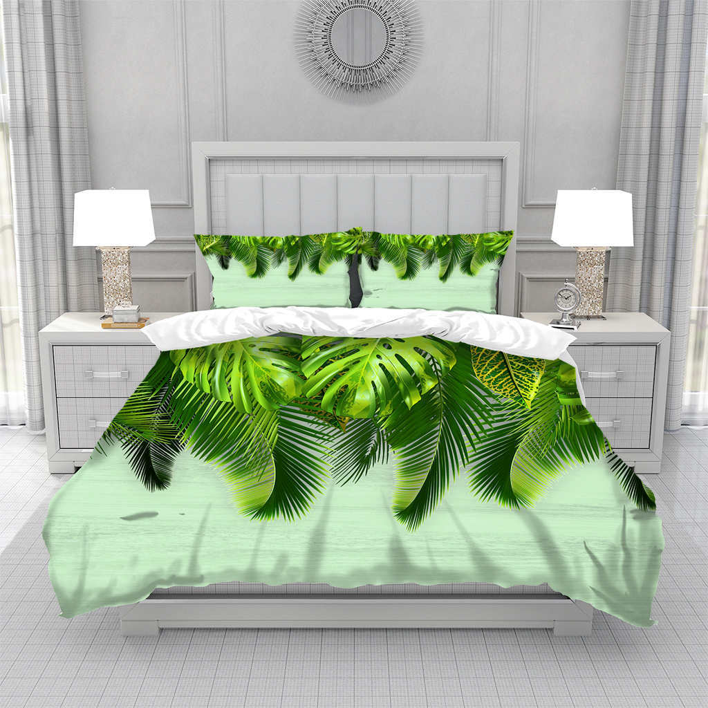 Pflanze Bambus Bettbezug KingQueen Größe Grünes Bambusblatt Zweigmuster Druck Bettwäsche Kollektion Weich 23 Teile Polyester Deckenbezug