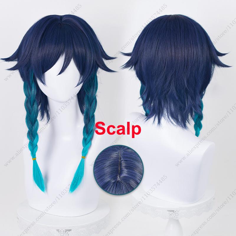 Game Venti Cosplay Wig 42cm Long Blue Gradient Braids Heat Resistant Synthetic Hair