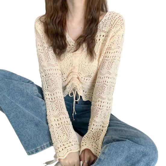 Women Cover Up Tops V-Neck Drawstring Design Long Sleeve Pullover Tops Solid Color Loose Fit Hollow Design Sunscreen Cover Up