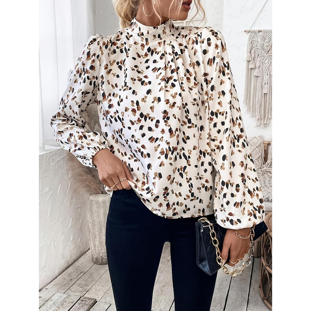 Blouses & Shirts - Women's Floral Printed Loose Stand Collar Blouse, Casual Puff Sleeve Fashion Top Women