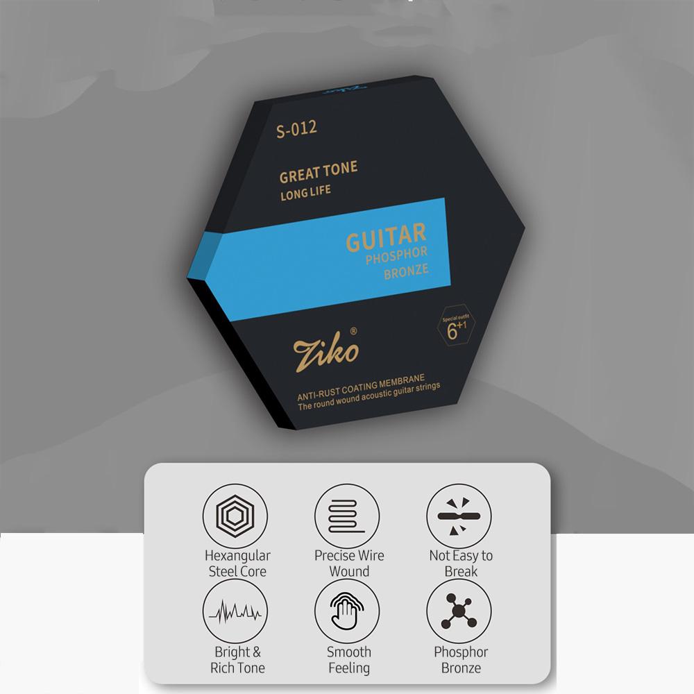 ZIKO S-012 Acoustic Guitar Strings 6 String Set (.012-.053) Hexangular Steel Core and Phosphor