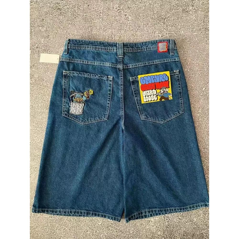 RogueWave Street Jeans Nowa Moda Oversize Haft Luźne Szorty Jeansowe Męskie Y2K Harajuku Retro Popularne Casualowe Szorty z Wysokim Stanem Spodnie