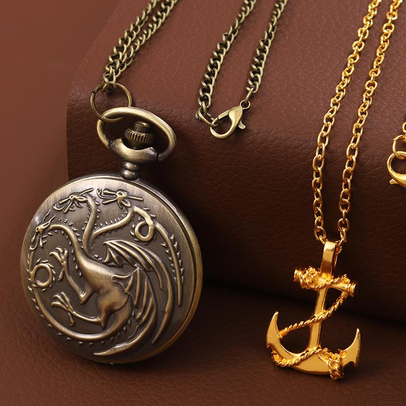 

2 шт./набор, 1 шт. Мужские модные винтажные кварцевые карманные часы «Трехглавый дракон» и 1 шт. Повседневное золотое ожерелье, идеальный выбор для подарков