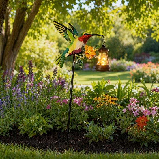Garden Bird Solar Light, Outdoor Hummingbird Kingfisher Solar Lantern with Stake, Automatic On/Off Solar Pathway Light for Yard Lawn Patio