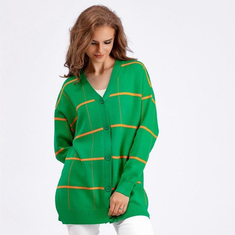 Autumn Winter Women Jacquard Sweater Loose Knit Coat V Neck Long Patterned
