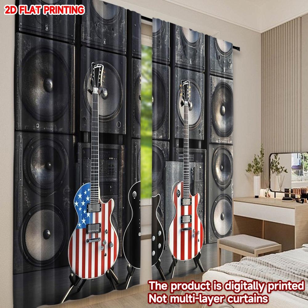 2D flat printing 2pcs Scene Curtains American Flag Guitars Display Digital Printed Polyester Drapes Festive Curtains Use for