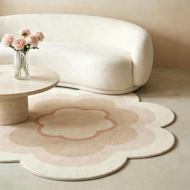 Crème Kleurige Tapijten voor Woonkamer Bloemen Slaapkamer Decoratie Tapijt Pluizig Zacht Onregelmatige Vorm Nachtkastje Tapijt Huis Anti-slip Vloermat 80x80CM