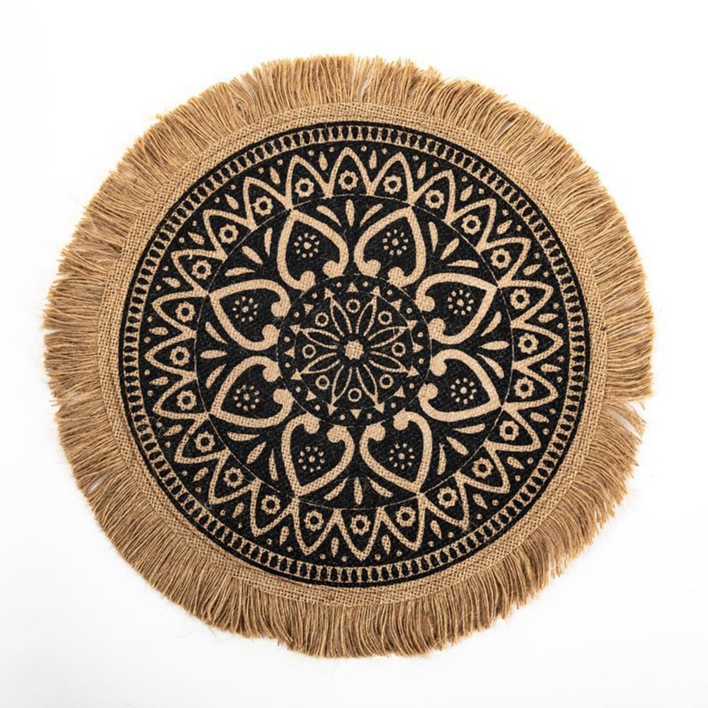 Round Jute Wool Ball Tassel Woven Placemat Decorative Table Mat Retro Insulation Mat
