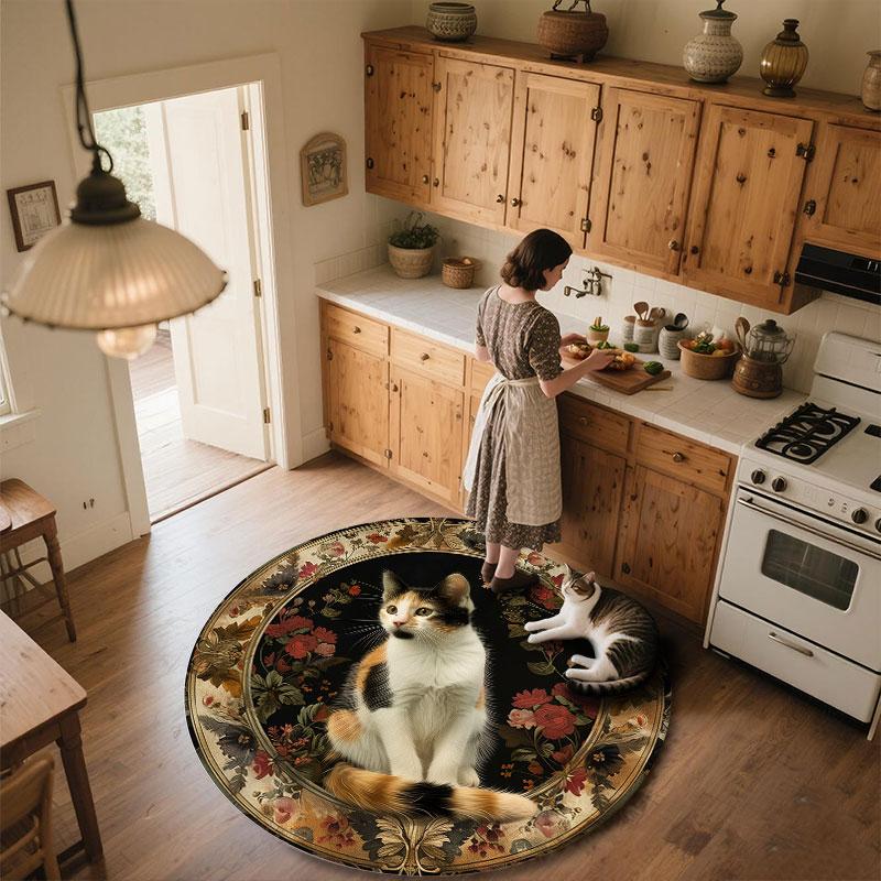 Cats & Vintage Flowers pattern round rug,Carpet Rug for Living Room Bedroom Playroom ,Non-slip Floor Mat,Holiday Gifts and Birthday Gifts.