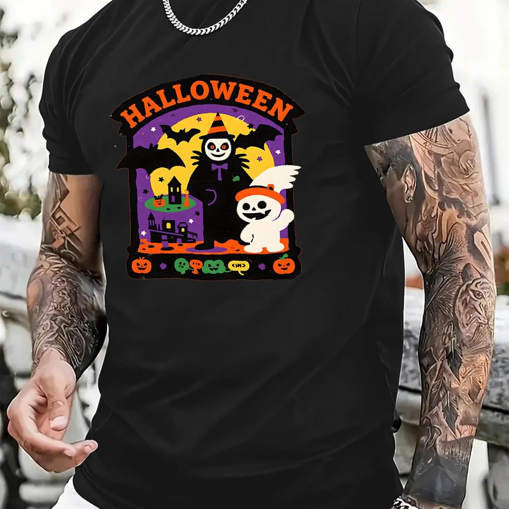 MenS Halloween TShirt Spooky Ghosts Bats Pumpkins Haunted House Print Black with Orange Lettering Casual Party Shirt