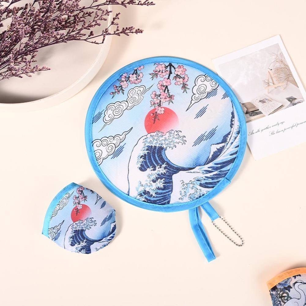 Japanese Oil Painting Portable Cooling Fan Polyester Round Handheld Fan  Campus Travel