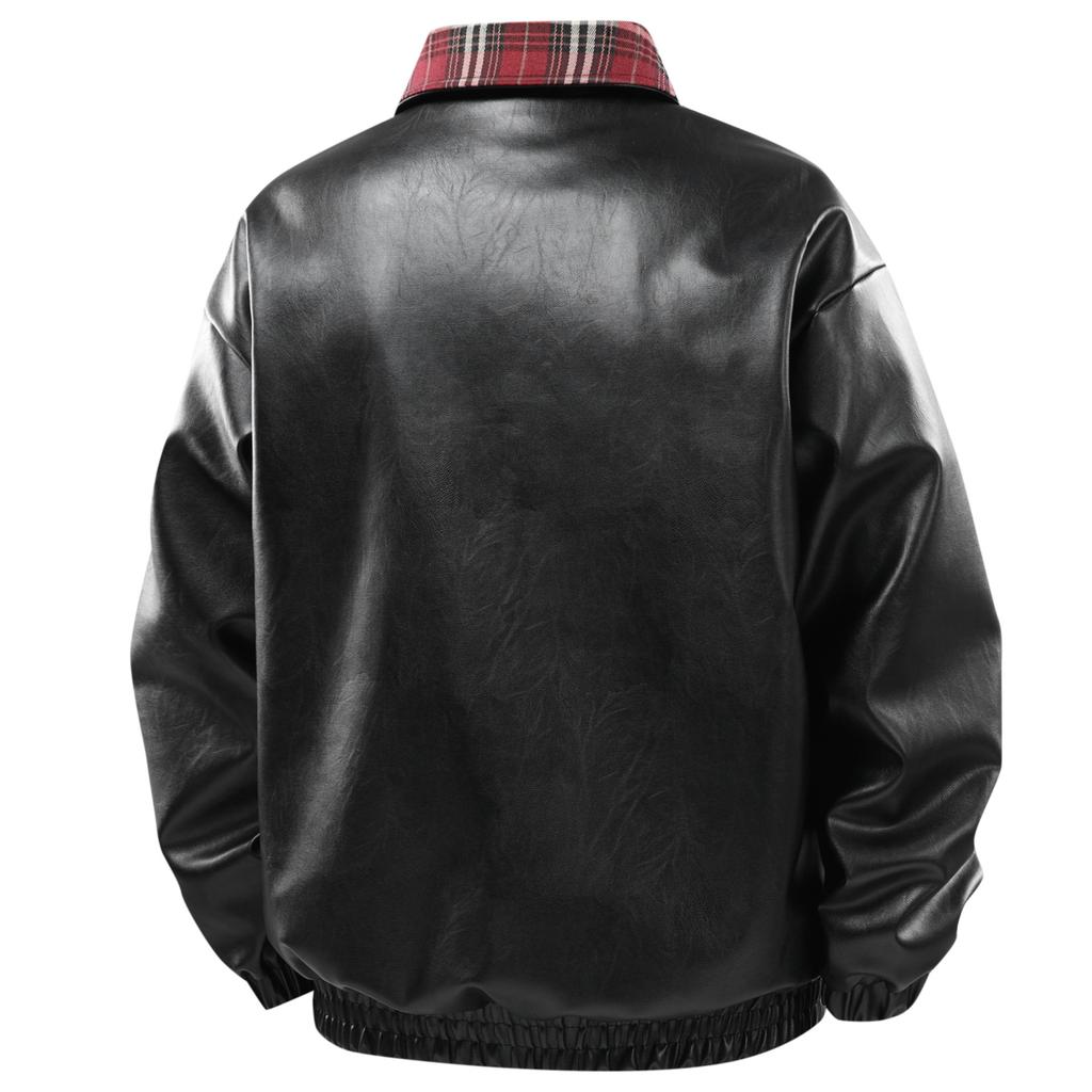 Double-sided PU leather jacket men's spring and autumn lapel plaid jacket loose casual locomotive jacket trendy fashion