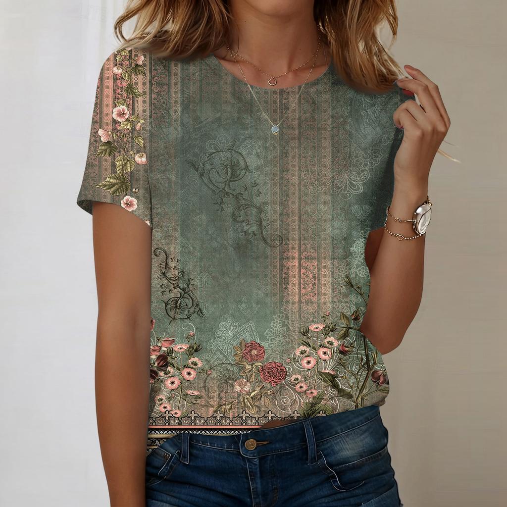 Women's Fashionable Casual Short-sleeved, Retro Printed Round-neck Top