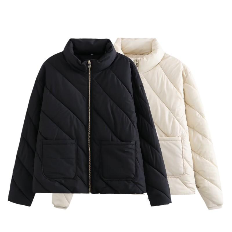 Womens Lightweight Puffer Jacket With Quilted Stripe Design Stand Collar Long Sleeve Loose Fit Short Coat Winter