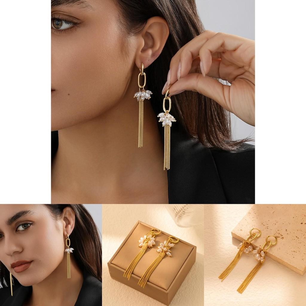 Modern Geometric Tassel Earrings For Women Simple Faux Pearl Gold Design