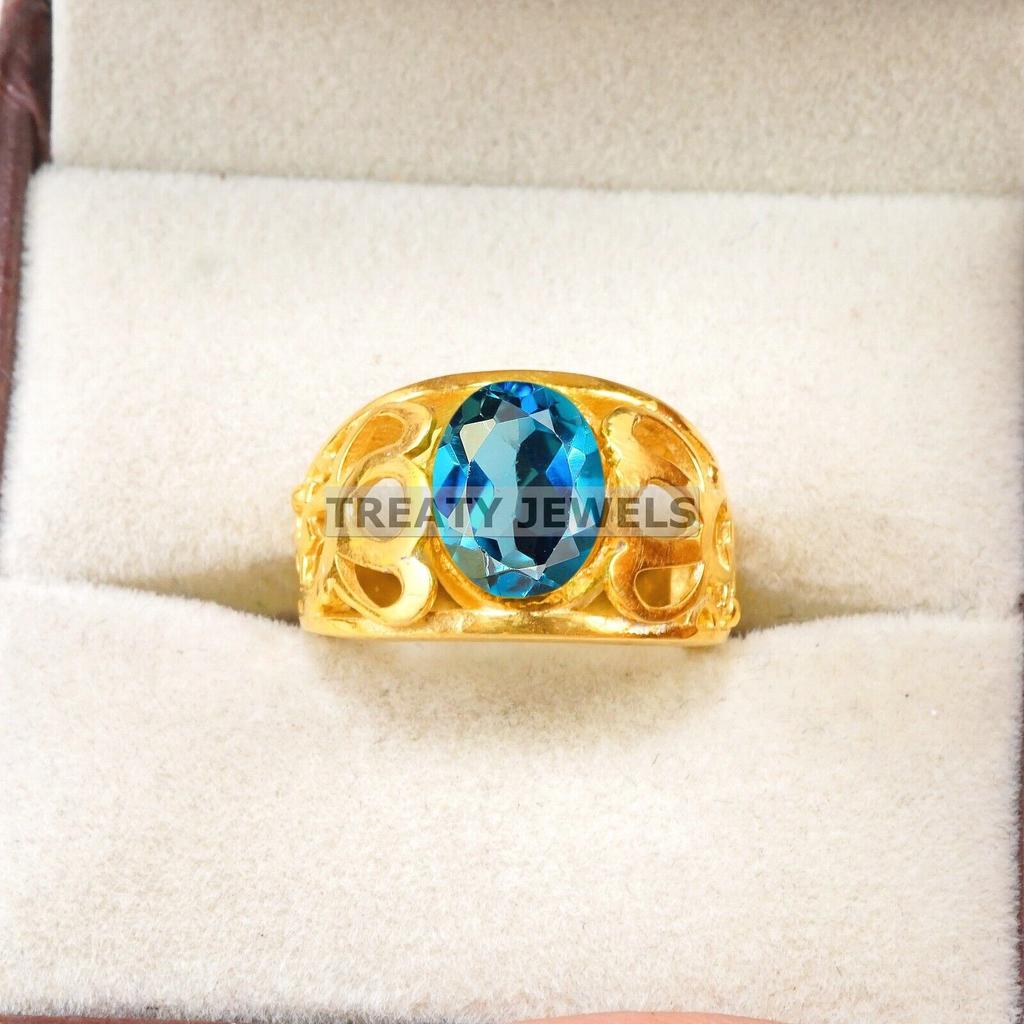 London Blue Topaz Oval With 925 Silver Sterling Gold Plated Ring For Men's #B246 JL375676050513