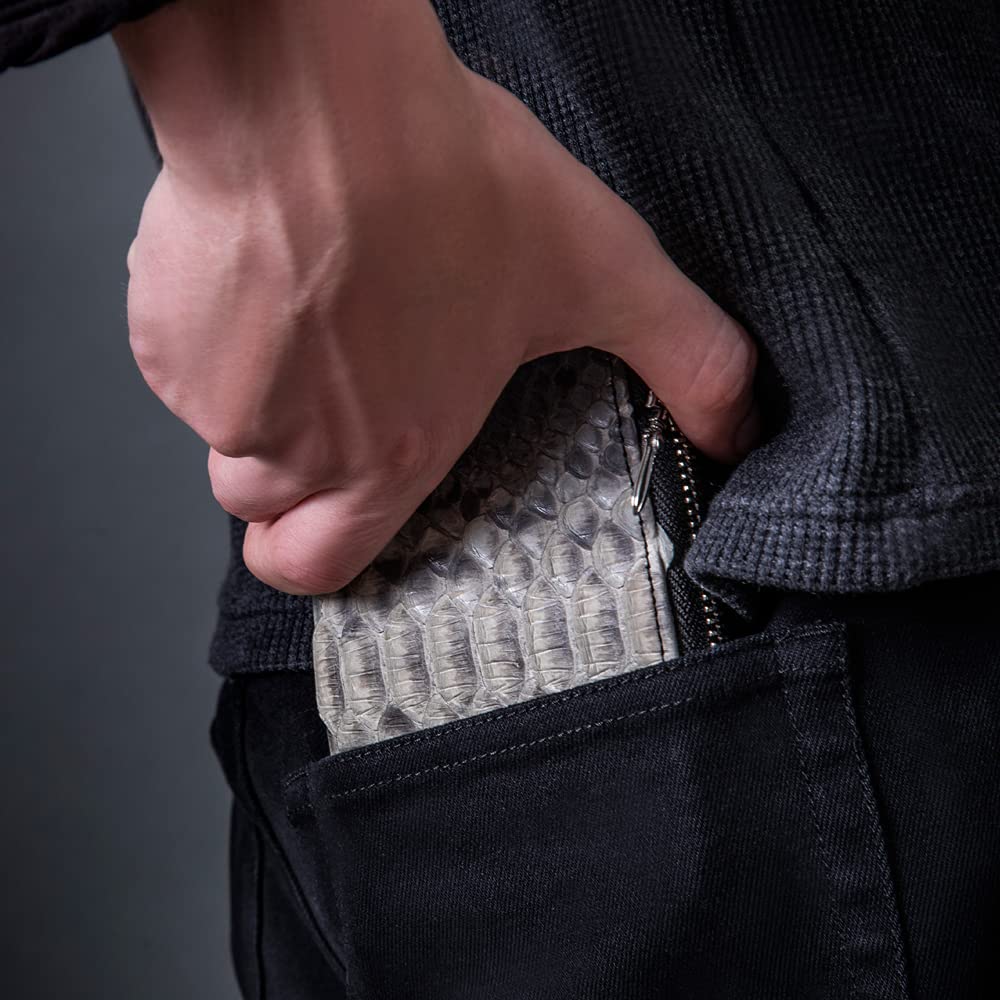 Artemis Classic L-Shaped Slim Gray Python Mini Wallet (ZW0007) - Men's Short Wallet with Zipper, Snake Pattern, and Genuine Leather